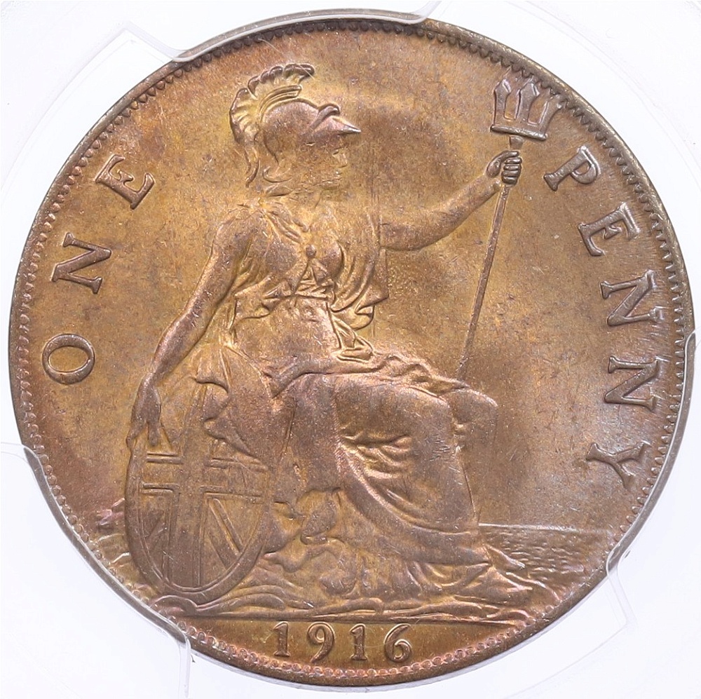 1 пенни 1916 года Великобритания (Король Георг V) в слабе PCGS (MS64RB) — Фото №1