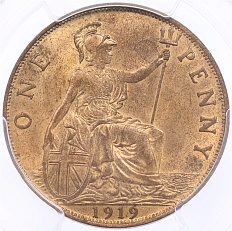 1 пенни 1919 года Великобритания (Король Георг V) в слабе PCGS (MS64RB) — Фото №1