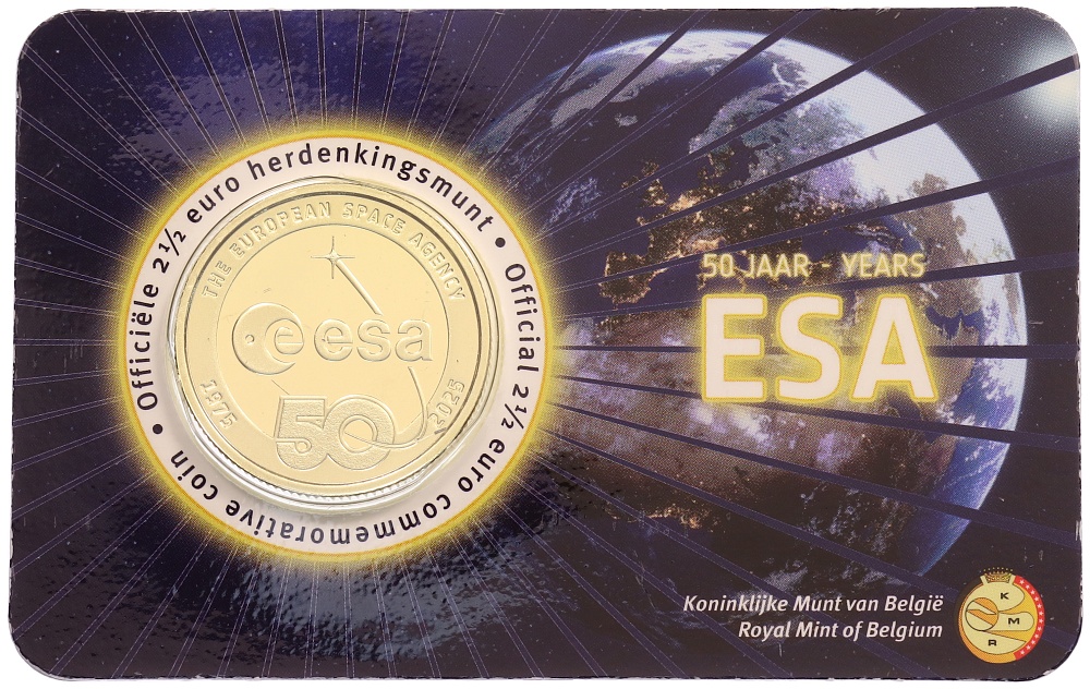 2 1/2 евро 2025 года Бельгия «50 лет Европейскому космическому агентству» (Надписи на лицевой стороне блистера на фламандском и английском) — Фото №1