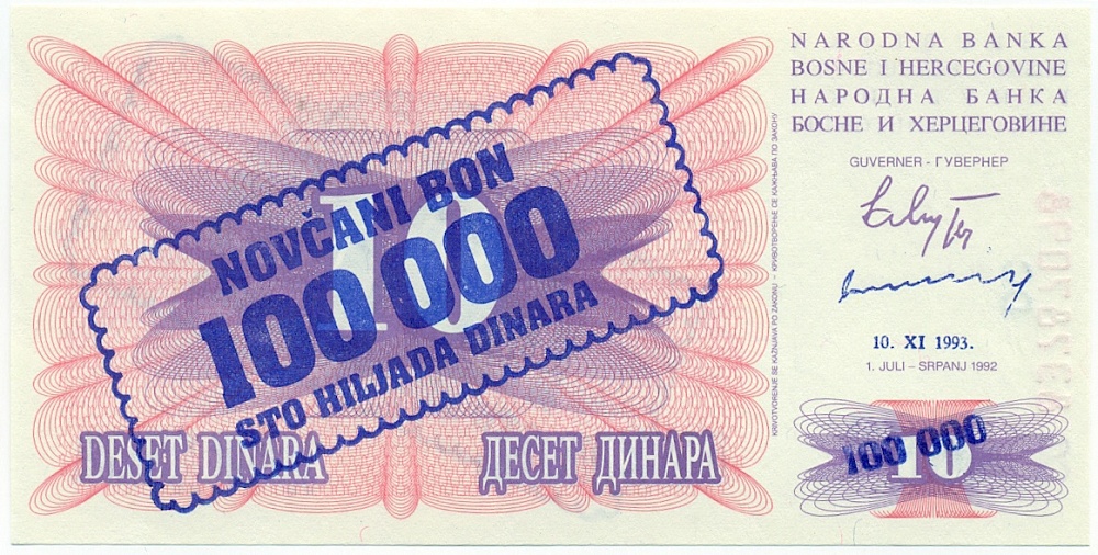 100000 динаров 1993 года Босния и Герцеговина (Надпечатка на 10 динарах 1992 года) — Фото №1
