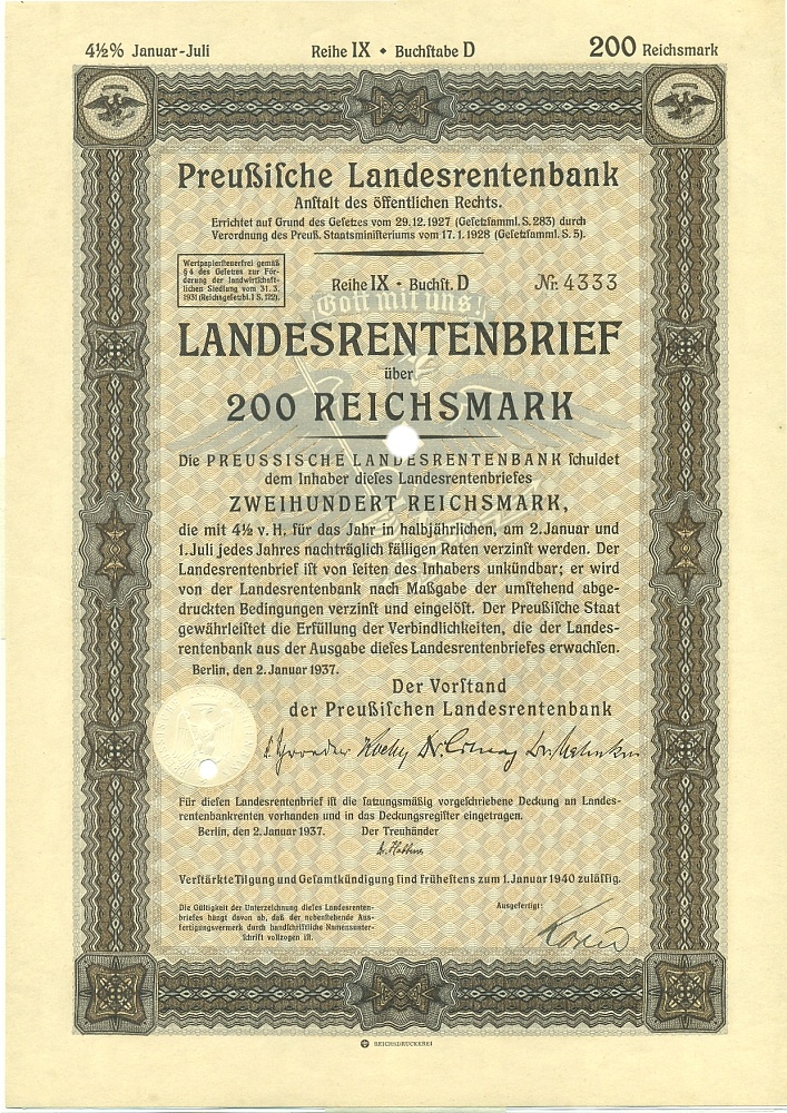 4 1/2% облигация на 200 рейхсмарок 1937 года Германия (Прусский государственный пенсионный банк) — Фото №1
