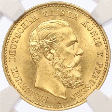 10 марок 1888 года Германия (Пруссия) в слабе NGC (MS63) — Фото №1