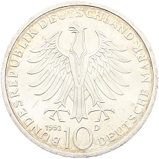 10 марок 1992 года D Германия «150 лет ордену Pour-le-Merite за заслуги в науке и искусстве» — Фото №2