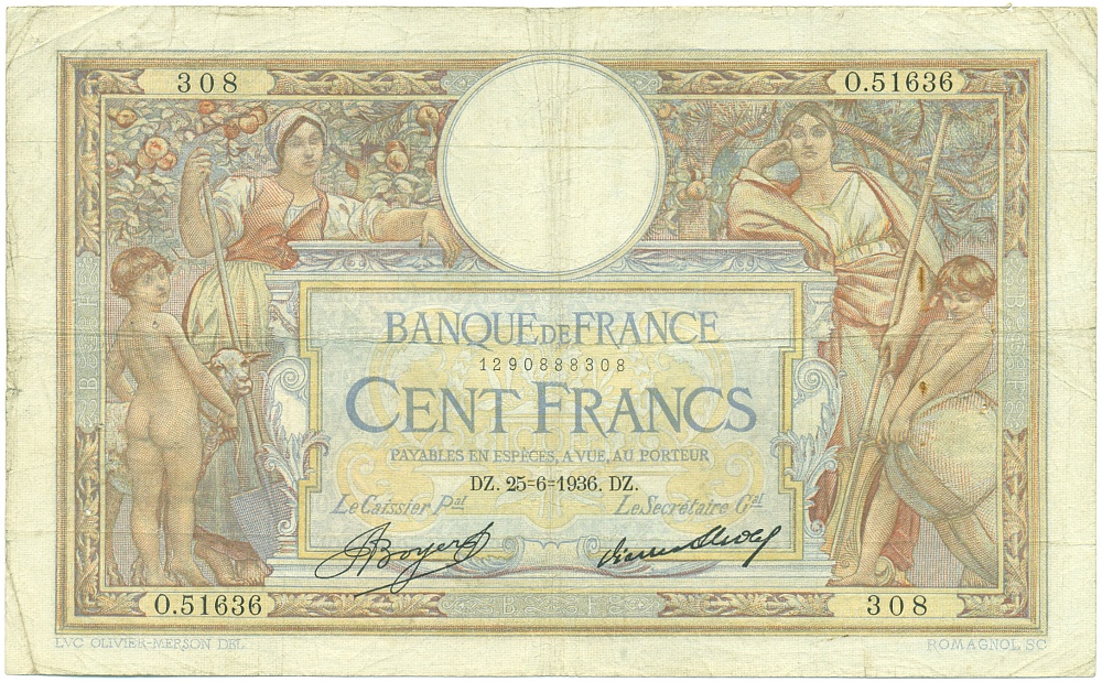 100 франков 1936 года Франция — Фото №1