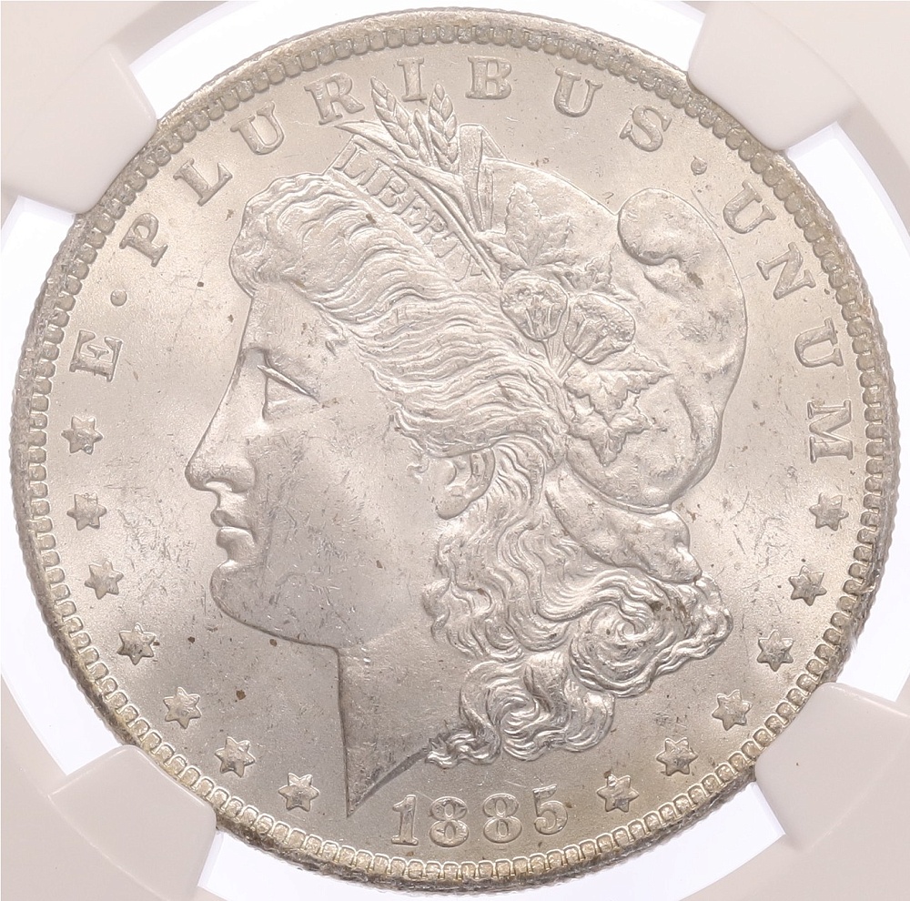 1 доллар 1885 года О США «Доллар Моргана» в слабе NGC (MS63) — Фото №1