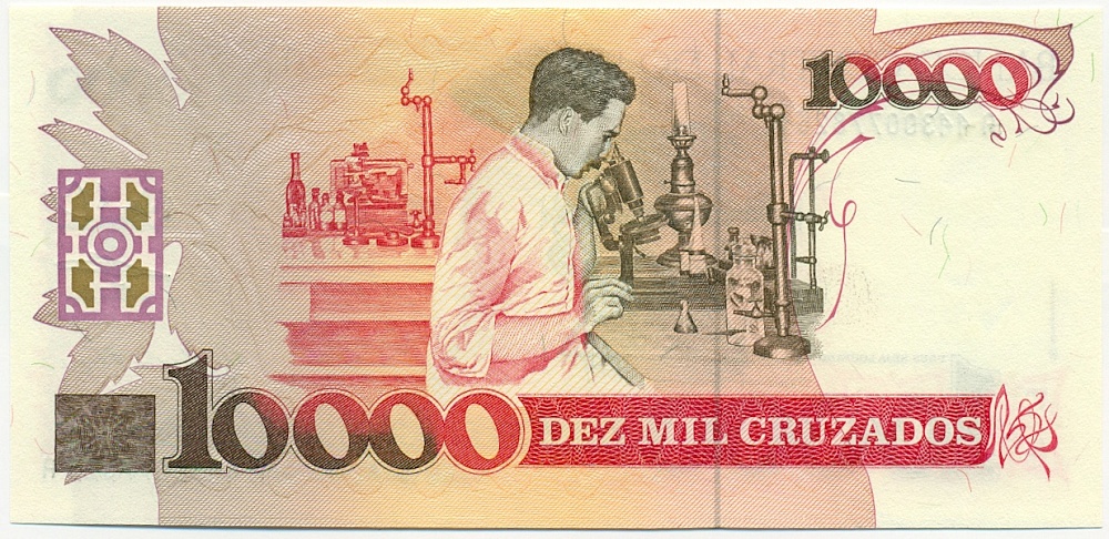 10 новых крузадо 1990 года Бразилия (Надпечатка на 10000 крузадо) — Фото №2