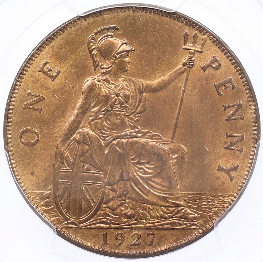 1 пенни 1927 года Великобритания (Король Георг V) в слабе PCGS (MS64RB) — Фото №1