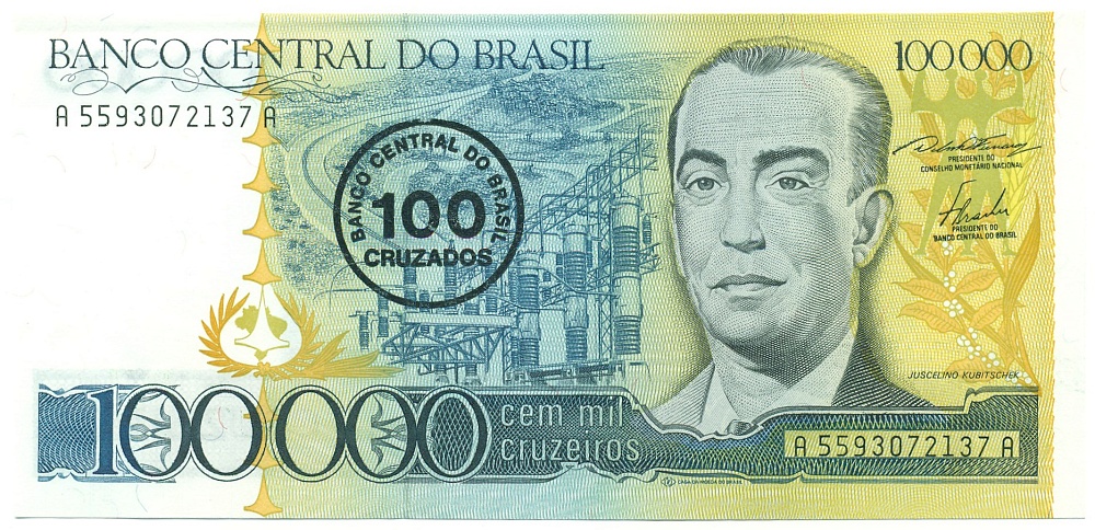 100 крузадо 1986 года Бразилия (Надпечатка на 100000 крузейро) — Фото №1