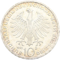 10 марок 1992 года D Германия «150 лет ордену Pour-le-Merite за заслуги в науке и искусстве» — Фото №2