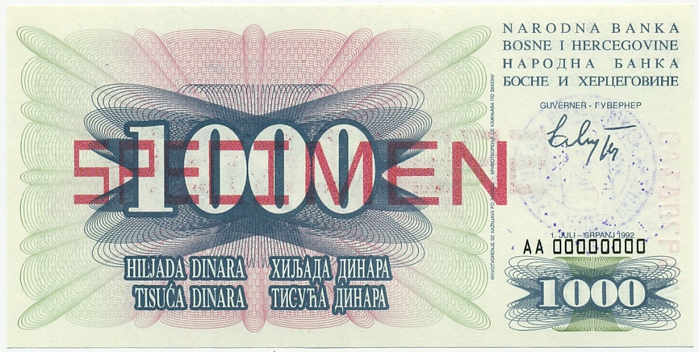 1000 динаров 1993 года Босния и Герцеговина (ОБРАЗЕЦ) — Фото №1