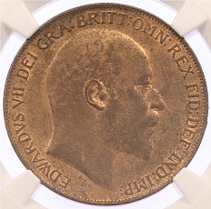 1 пенни 1908 года Великобритания (Король Эдуард VII) в слабе NGC (MS63RB) — Фото №2