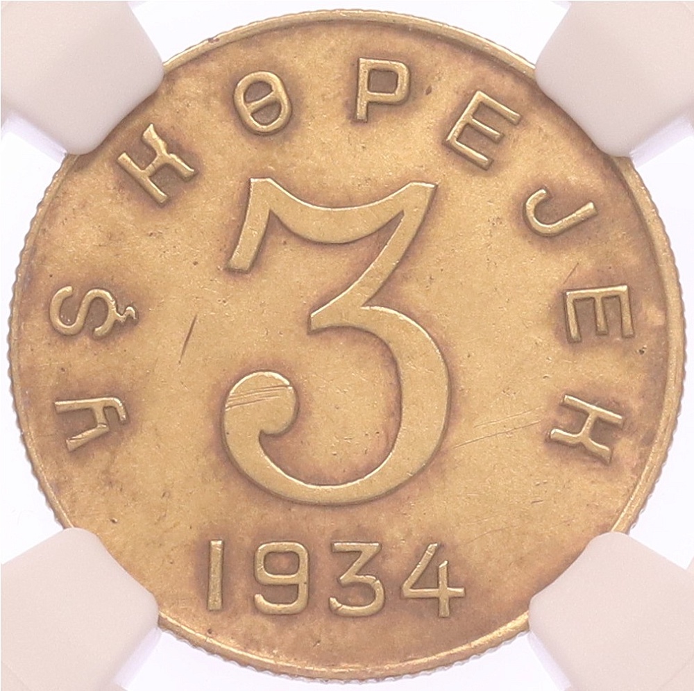 3 копейки 1934 года Тувинская народная республика (Танну-Тува) в слабе NGC (AU58) — Фото №1