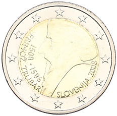 2 евро 2008 года Словения «500 лет со дня рождения Приможа Трубара» — Фото №1