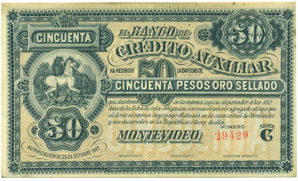 50 песо 1887 года Уругвай — Фото №1