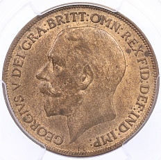 1 пенни 1919 года Великобритания (Король Георг V) в слабе PCGS (MS64RB) — Фото №2