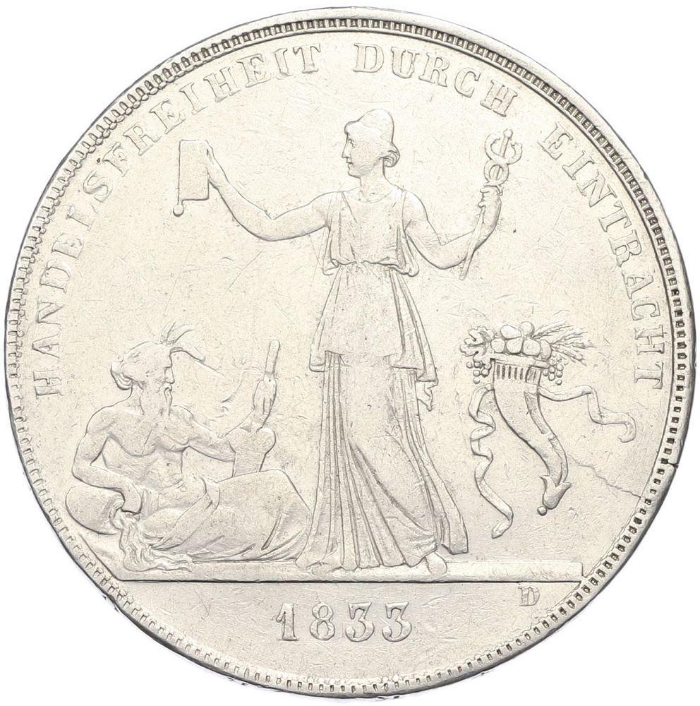 1 талер 1833 года Вюртемберг «Таможенный союз» — Фото №1