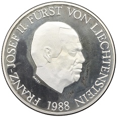10 франков 1988 года Лихтенштейн «50 лет правлению Франца Иосифа II» — Фото №1