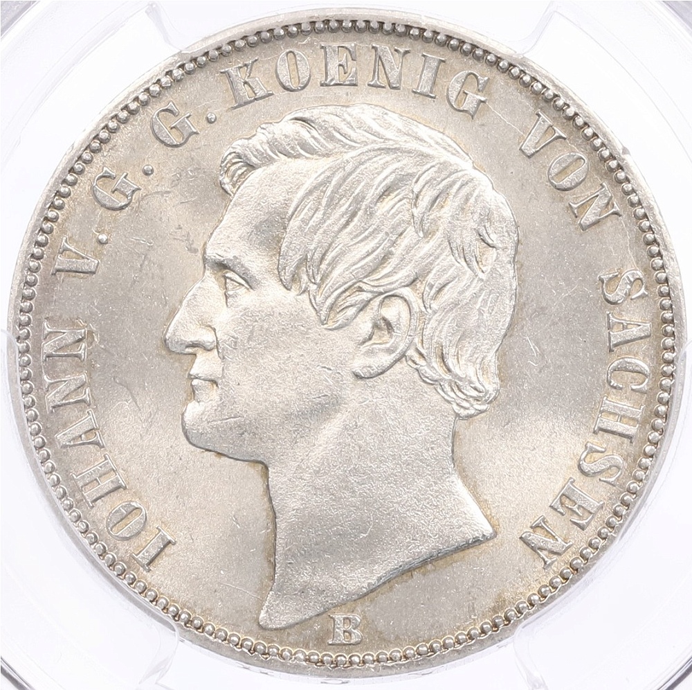 1 союзный талер 1870 года Саксония (Король Иоганн) в слабе PCGS (MS64) — Фото №1