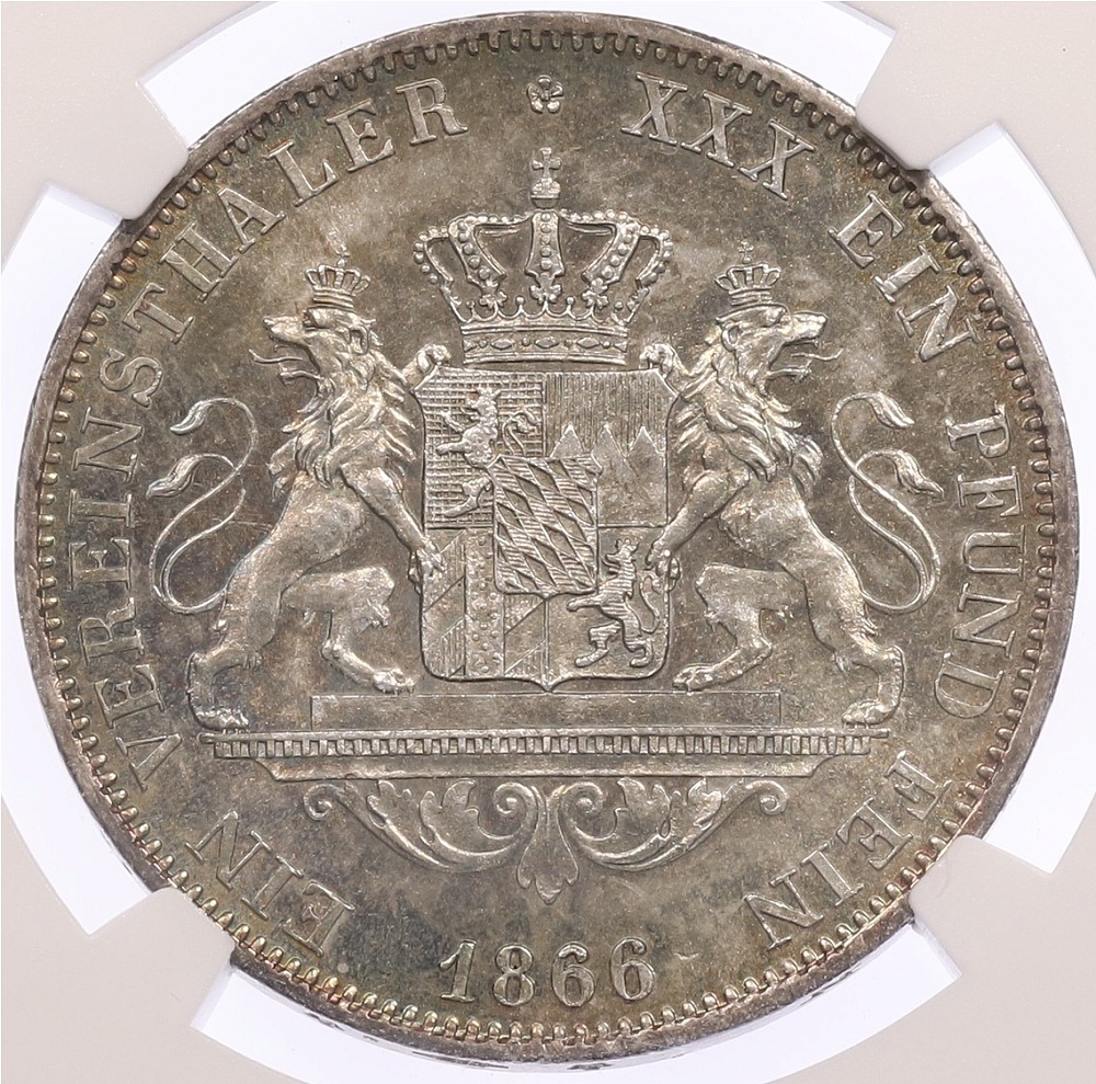 1 союзный талер 1866 года Бавария (Король Людвиг II) в слабе NGC (MS63) — Фото №2