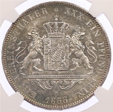 1 союзный талер 1866 года Бавария (Король Людвиг II) в слабе NGC (MS63) — Фото №2