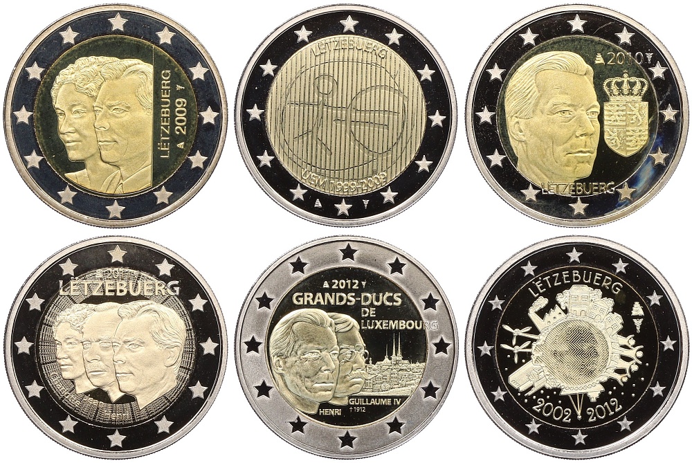 Набор из 6 юбилейных монет 2 евро 2009-2012 года Люксембург (Proof) — Фото №1