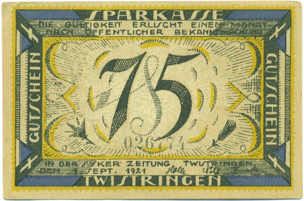 75 пфеннигов 1921 года Германия — город Твистринген (Нотгельд) — Фото №1