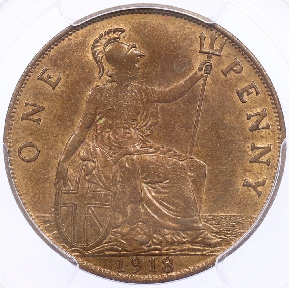 1 пенни 1918 года Великобритания (Король Георг V) в слабе PCGS (MS64BN) — Фото №1