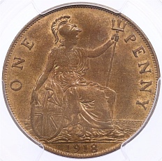 1 пенни 1918 года Великобритания (Король Георг V) в слабе PCGS (MS64BN) — Фото №1