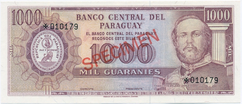 1000 гуарани 1952 года Парагвай (Образец) — Фото №1