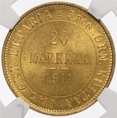 20 марок 1911 года Русская Финляндия — в слабе NGC (MS64) — Фото №1