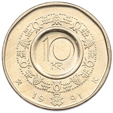 10 крон 1991 года Норвегия — Фото №1