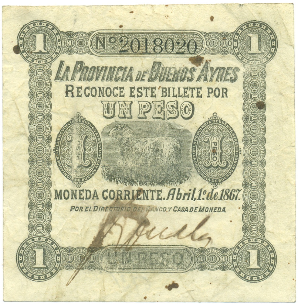 1 песо 1867 года Аргентина — провинция Буэнос-Айрес — Фото №1