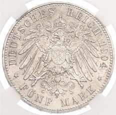 5 марок 1904 года Германия (Гессен) «400 лет со дня рождения Филиппа I Великодушного» в слабе ННР (MS62) — Фото №2