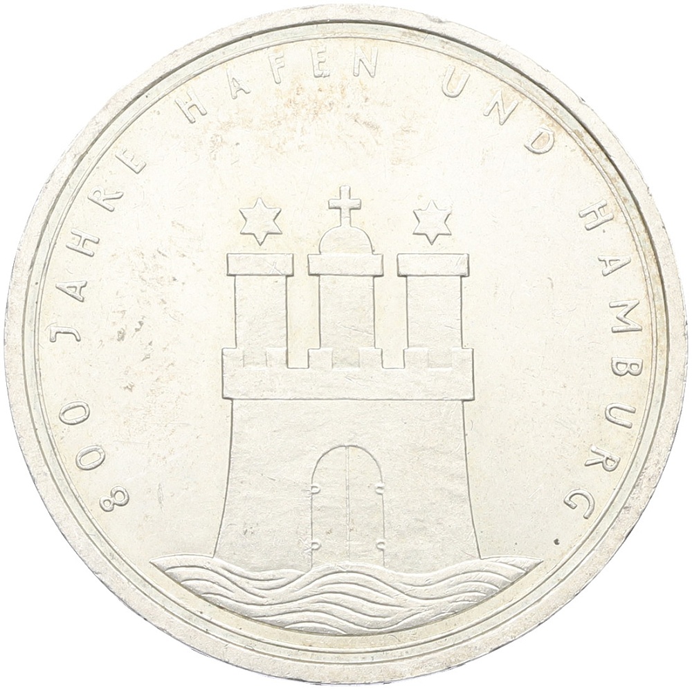 10 марок 1989 года J Западная Германия (ФРГ) «800 лет Гамбургскому порту» — Фото №1