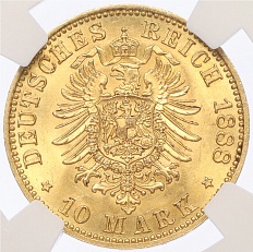 10 марок 1888 года Германия (Пруссия) в слабе NGC (MS63) — Фото №2