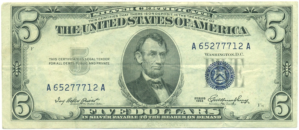 5 долларов 1953 года США «Серебряный сертификат» — Фото №1