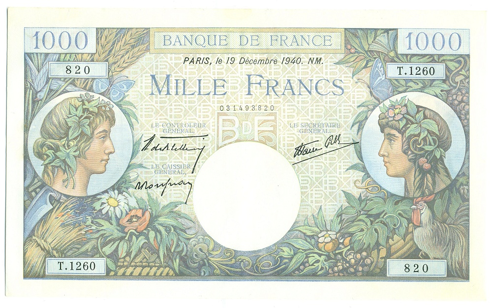 1000 франков 1940 года Франция — Фото №1