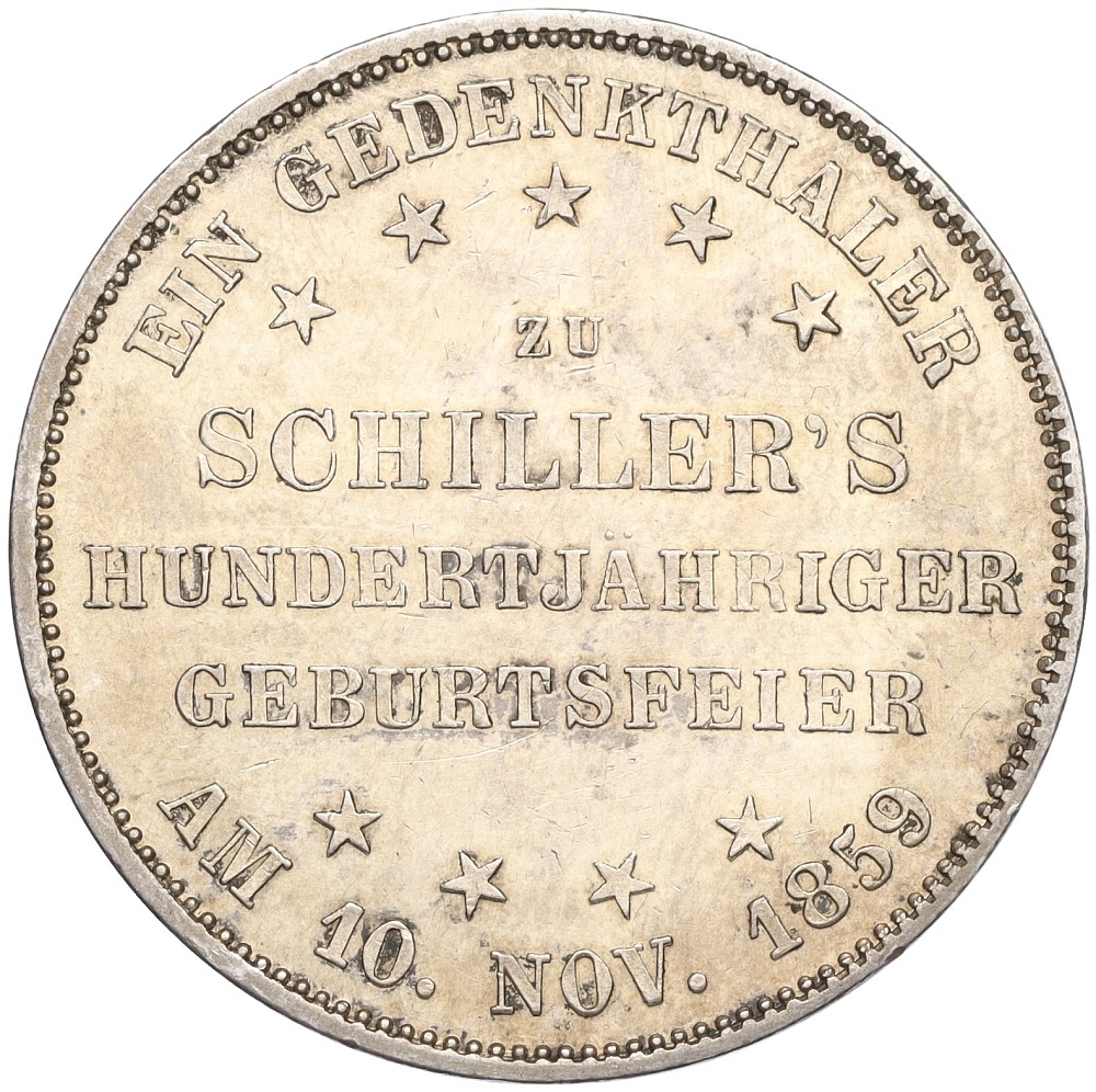 1 талер 1859 года Франкфурт «100 лет со дня рождения Фридриха Шиллера» — Фото №1