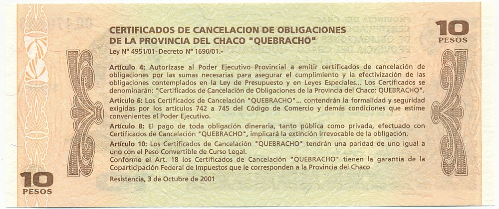 10 песо 2001 года Аргентина — Провинция Чако — Фото №2