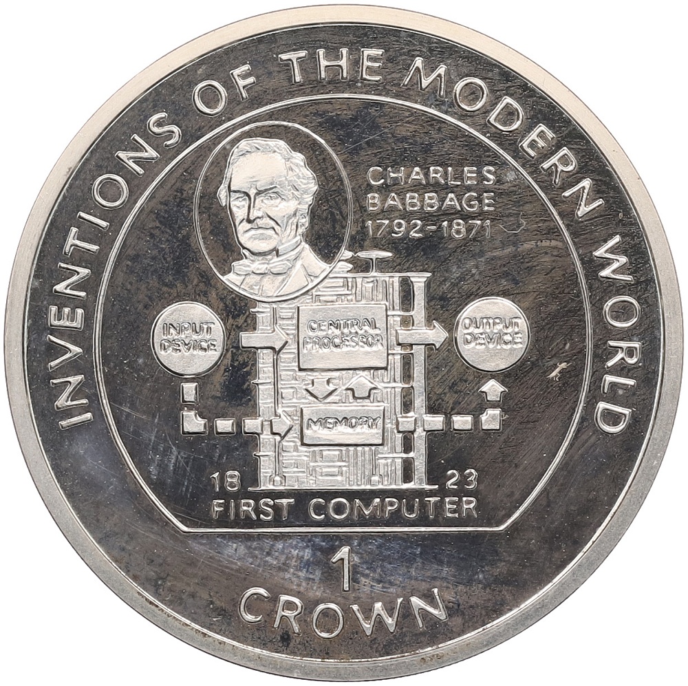 1 крона 1995 года Остров Мэн «Изобретения современного мира — Чарлз Бэббидж, первый компьютер» — Фото №1