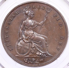 1 пенни 1858 года Великобритания (Королева Виктория) в слабе PCGS (MS63BN) — Фото №2