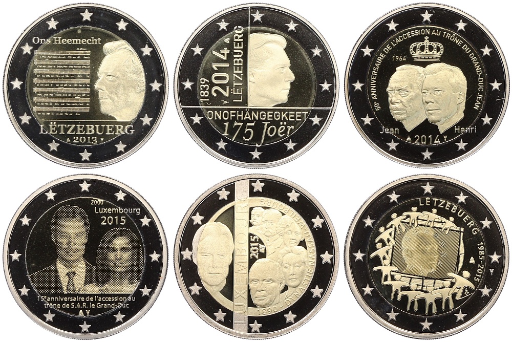 Набор из 6 юбилейных монет 2 евро 2013-2016 года Люксембург (Proof) — Фото №1
