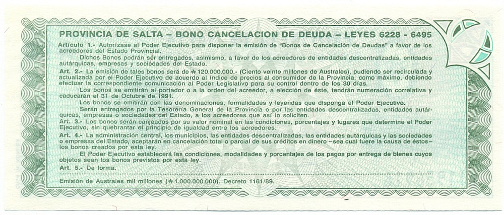 100 аустралей 1991 года Аргентина — Провинция Сальта — Фото №2