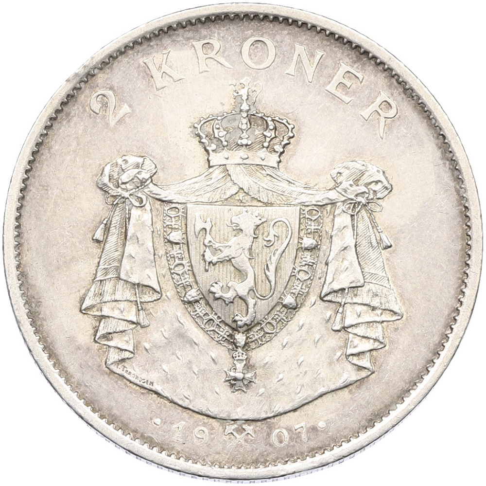 2 кроны 1907 года Норвегия «Независимость Норвегии (Без ружей на реверсе» — Фото №2