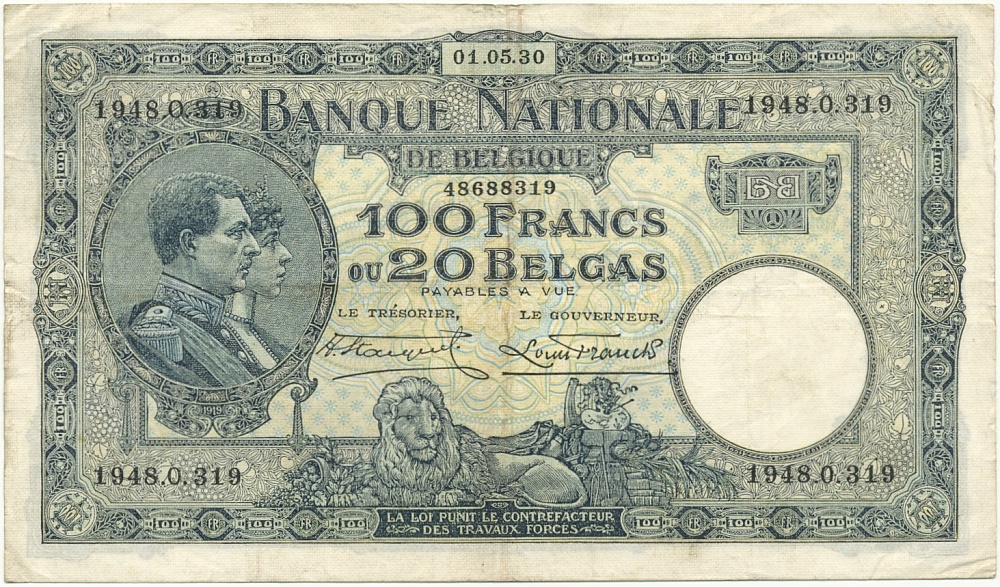100 франков 1930 года Бельгия — Фото №1