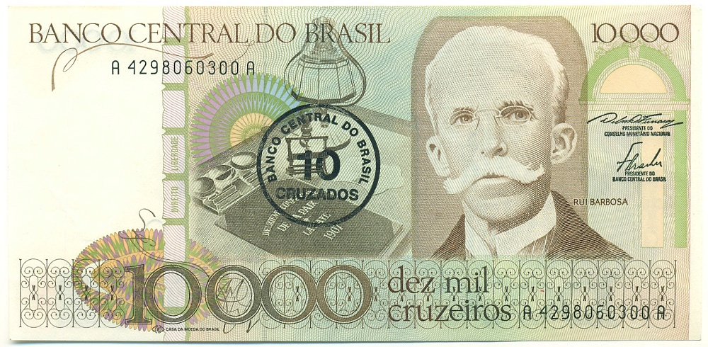 10 крузадо 1986 года Бразилия (Надпечатка на 10000 крузейро) — Фото №1