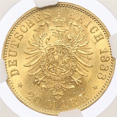 20 марок 1888 года Германия (Пруссия) в слабе NGC (MS63) — Фото №2