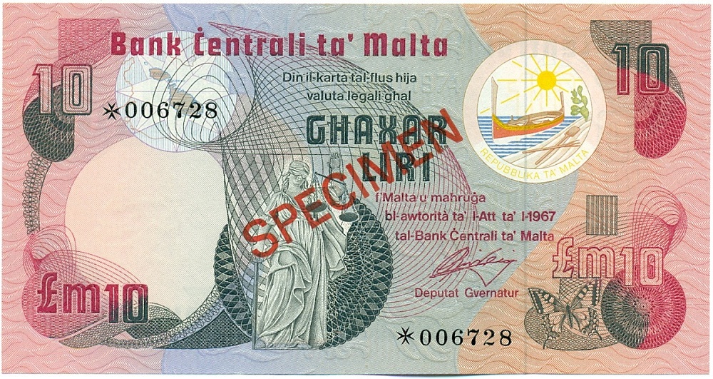 10 фунтов (лир) 1967 года Мальта (ОБРАЗЕЦ) — Фото №1