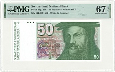 50 франков 1987 года Швейцария — в слабе PMG (Superb Gem Unc 67) — Фото №1