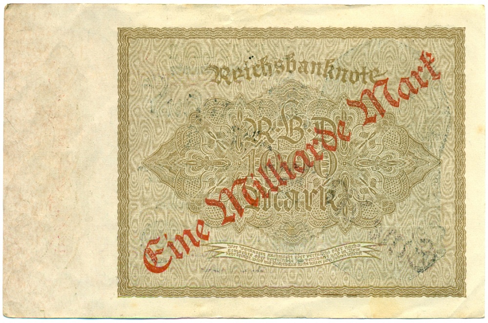 1 миллиард марок 1923 года Германия (Надпечатка на 1000 марок) — Фото №2